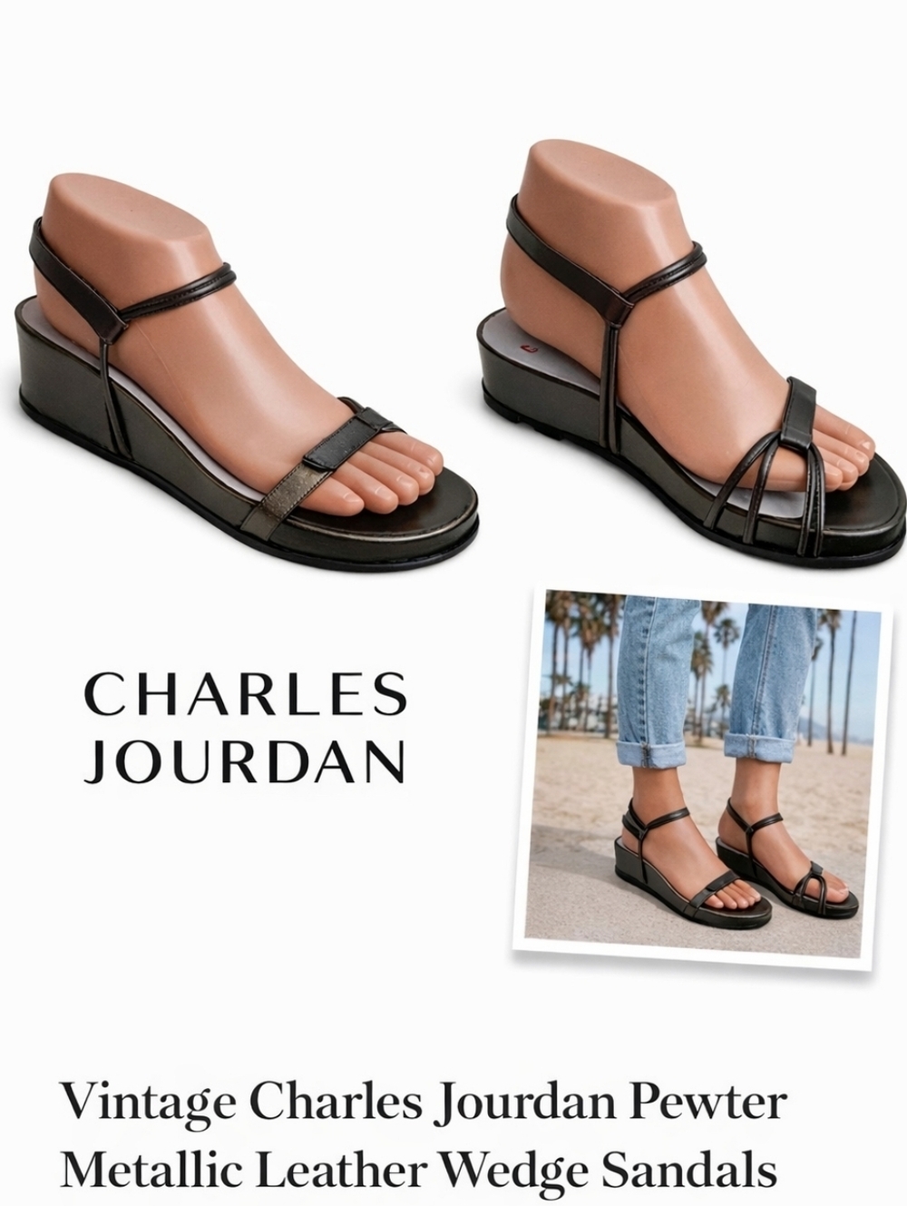 Vintage Charles Jourdan Pewter Metallic Leather Wedge Sandals Minimalist 6 NEW